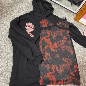 Black Hoodie with Red Dragon Patch + Black Red Dragon Slip Dress